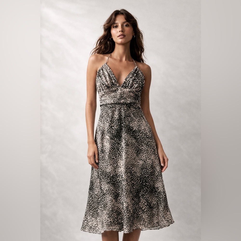 Express Black and Cream Animal Print Midi Dress